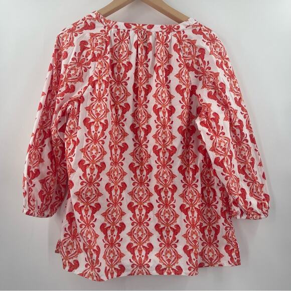 CHICO’S Tunic Size Large Contrast Medallion Feminine Popover Top Stretch Cotton - Picture 3 of 15